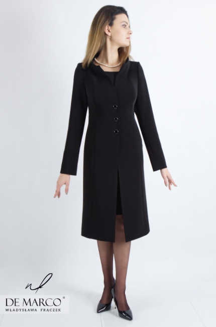 Szyta i projektowana w Polsce sukienka ołówkowa czarna elegancka. Płaszczyk o klasycznym kroju