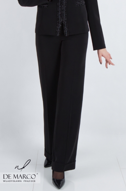 Wyjątkowy garnitur damski ze spodniami. Czarny kobiecy strój wieczorowy
