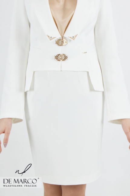 Szyty w Polsce elegancki komplet wyjściowy - Biały kostium Blanka