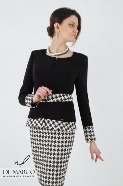 Oryginalny biznesowy kostium damski w czarno-białą krateczkę. Sklep internetowy De Marco