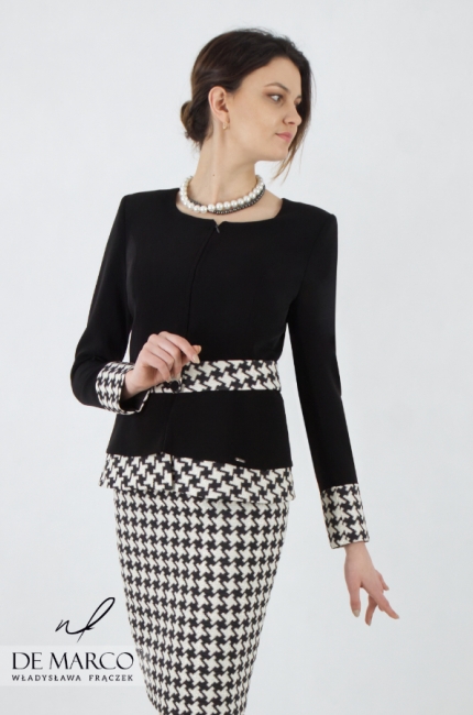 An original business women's suit in a black and white checkered pattern. De Marco online store