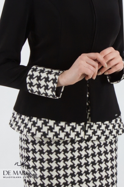 A modern business suit with a pencil skirt. Black and white visiting set with the most fashionable houndstooth. Tailored sewing