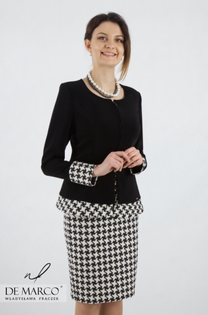 A women's suit sewn in Poland in a timeless houndstooth pattern. The most fashionable, exclusive business formal suits