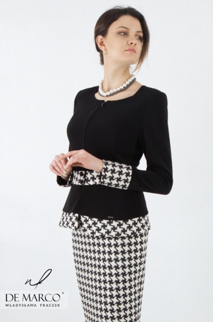 A unique visiting set, a jacket with a black and white checked skirt. The most fashionable, exclusive formal suits.