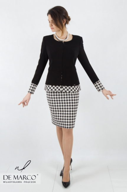 A timeless and fashionable women's suit with a houndstooth pattern. Classic business sets in a feminine style