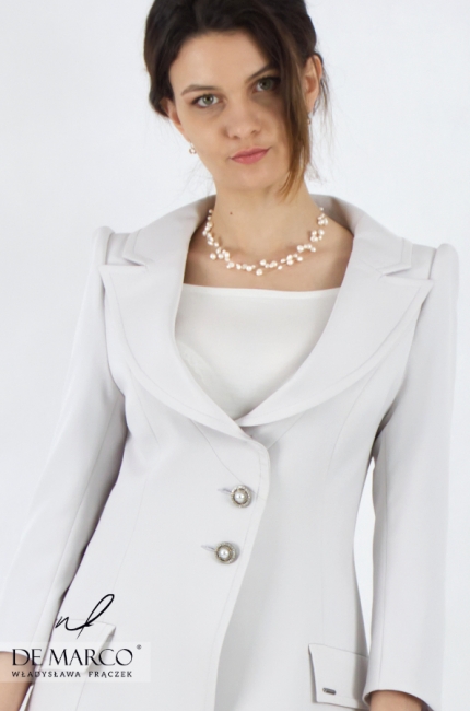 Women's gray blazer a la coat. The most fashionable luxury women's outerwear for the spring summer season.