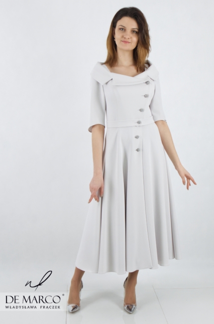 Luksusowa gładka sukienka midi wyjściowa od ulubionej projektantki Agaty Dudy