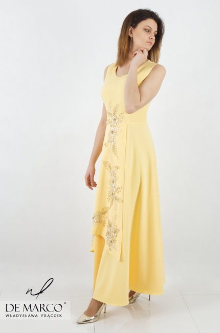Nowoczesna asymetryczna żółta sukienka na wesele z efektownym haftem. Szycie na miarę