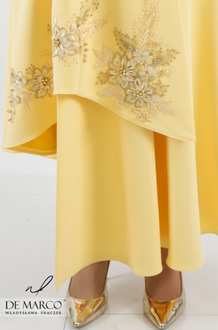 Żółta sukienka okolicznościowa wyszczuplająca. Ekskluzywne sukienki na wesele od polskiej projektantki. Szycie na miarę. Sklep internetowy De Marco