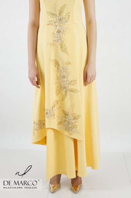 Żółta, asymetryczna sukienka maxi idealna na wesele. Żółte sukienki okolicznościowe długie. Szycie na miarę