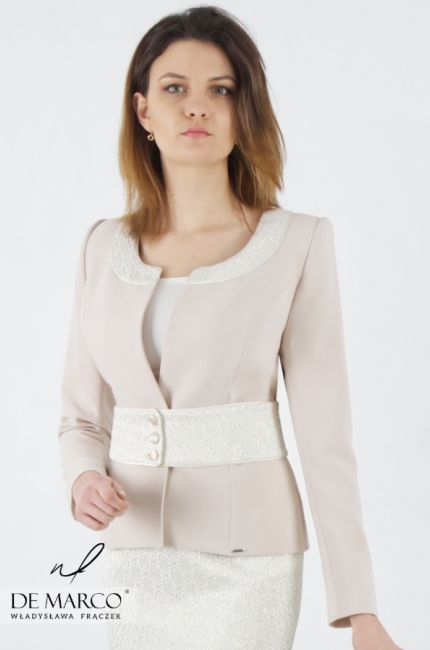 Bright formal business suit. Neutral color formal set with a skirt from Polish designer Władysława Frączek made to measure De Marco