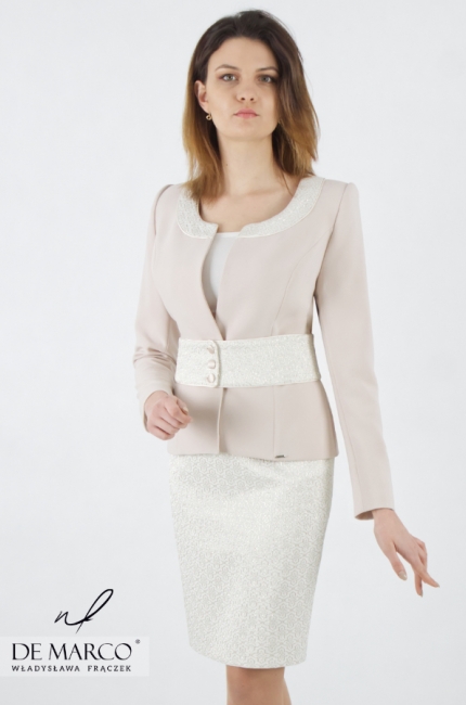 Women's costume with jacquard sewn in Poland. Fashionable bright suits for successful women. De Marco online store