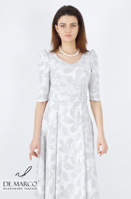 Gray and gray midi dress flared for ceremonies and parties. The most fashionable timeless dresses for mom from the Polish designer Władysława Frączek