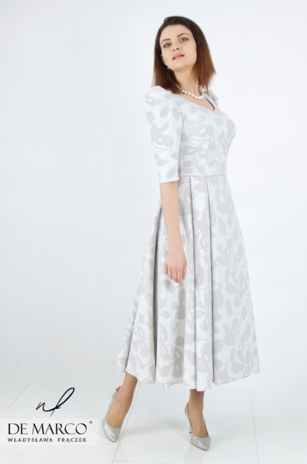 Modern flared midi dress with V-neckline. The most fashionable formal dresses