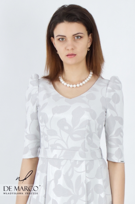 Original floral formal dress made of gray jacquard. Classic formal dresses for mom