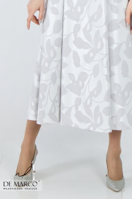 Fashionable classic formal dress in calf length. Polish producer. Made to measure De Marco
