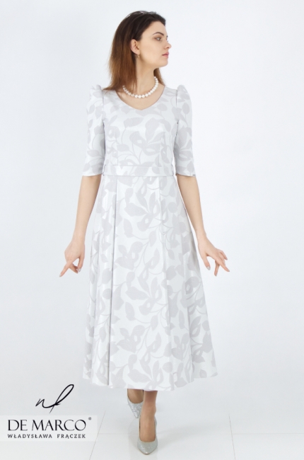 Elegancka sukienka wizytowa rozkloszowana dla Mamy Wesela Mamy Chrzestnej. Polski producent luksusowej odzieży damskiej De Marco