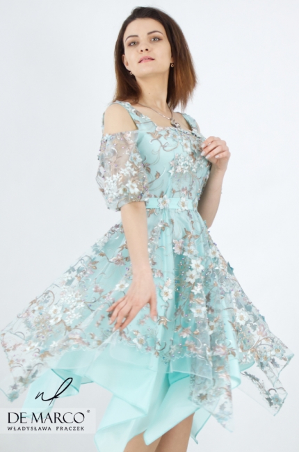 Romantyczna sukienka koktajlowa z koronką. Suknia weselena dla Mamy Weselnej z koronką