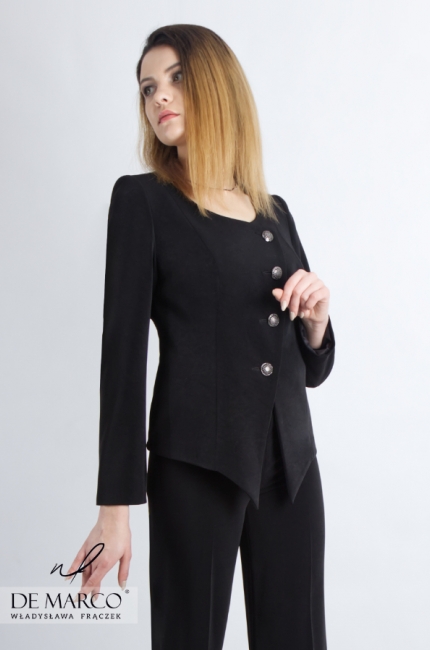 Exclusive black women's suit. Luxurious formal clothing from the Polish designer Władysława Frączek