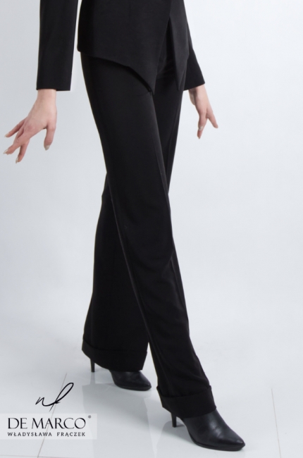 Klasyczny elegancki garnitur damski czarny. Wizytowy komplet kobiecy ze spodniami. Sklep internetowy De Marco