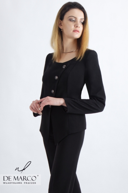 Modern, exclusive black blazer with trousers. Formal costume with pants for celebrations.