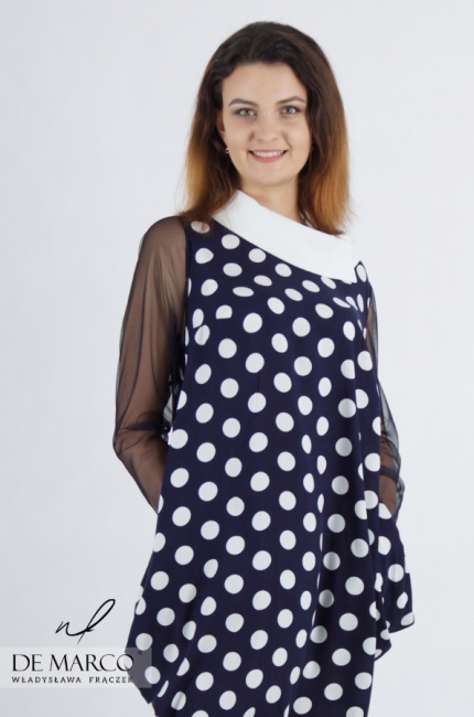 Elegant retro dress with polka dots in an oversize cut. Formal dresses for the future mother. De Marco online store