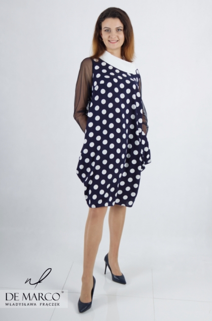 Exclusive loose polka dot dress with a collar. The most fashionable dresses masking the belly from the Polish designer Władysława Frączek