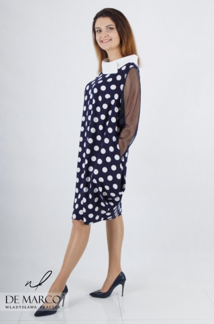 Sukienki oversize na wesele chrzciny rocznice wystąpienia. Eleganckie nowoczesne sukienki w retro grochy