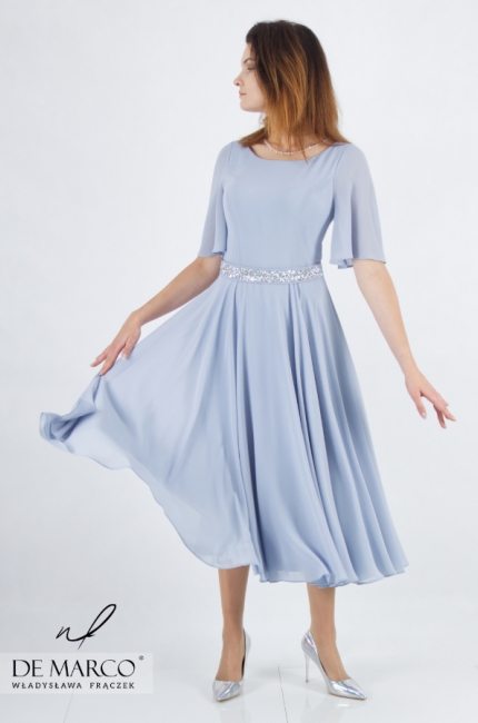 Elegant light blue formal dress with butterfly sleeves. The most fashionable wedding dresses made to measure