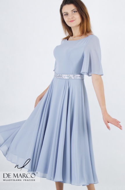 Ekskluzywna niebieska rozkloszowana sukienka maxi wizytowa. Sklep internetowy De Marco