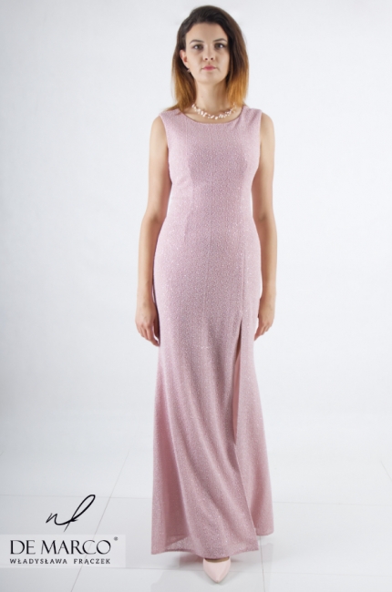Zmysłowa suknia maxi wieczorowa balowa z rozcięciem w kolorze brudnego różu