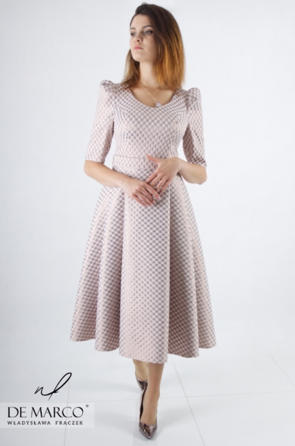 Exclusive midi cocktail dress, flared heather with white gold. De Marco online store