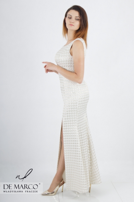 Classic long ball gown evening dress with a slit. Elegant long dress cream with jacquard