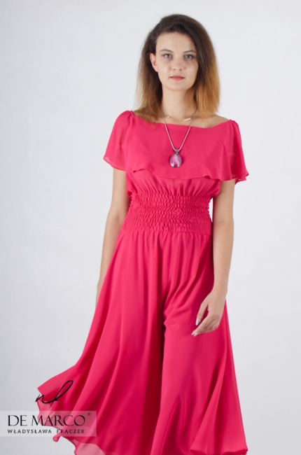 Romantic red chiffon women's formal jumpsuit from the renowned Polish designer Władysława Frączek