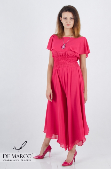 The original, modern, asymmetrical midi dress for women. The most fashionable chiffon formal overalls from the Polish renowned brand De Marco