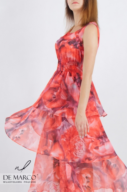 Luksusowa sukienka koktajlowa kaskadowa z motywem kwiatowym. Modne sukienki kaskadowe ze ściągaczem.Sklep internetowy De Marco