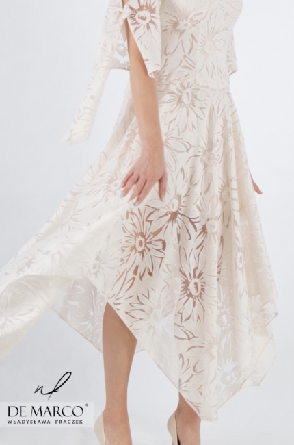 Romantyczna polska ażurowa sukienka rozkloszowana idealna na wesele przyjęcie firmowe garden party. Sklep internetowy De Marco
