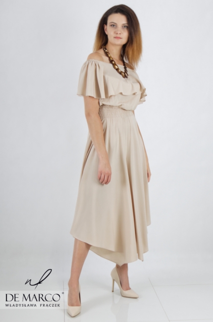 Elegant beige women's formal jumpsuit. Luxurious styling for a wedding, garden party, corporate party
