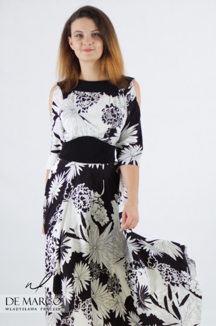 Modna asymetryczna sukienka długa z pasem typu gorset. Sklep internetowy De Marco