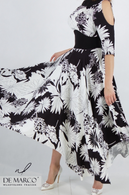 Szyta w Polsce modna sukienka rozkloszowana wiązana z pasie. Najdmodniejsze czarno białe sukienki maxi