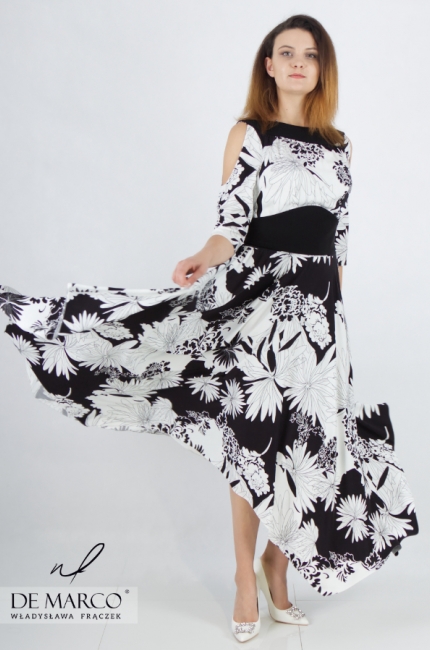 Airy, ideal for dancing, flared dress tied at the waist. Fashionable wedding dresses in black and white