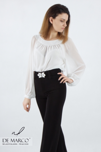 Luxurious, romantic chiffon formal blouse with a boat neckline. Made to measure De Marco