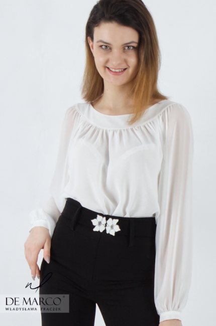 Modern, romantic white loose blouse. Fashionable white formal blouses from the Polish designer Władysława Frączek