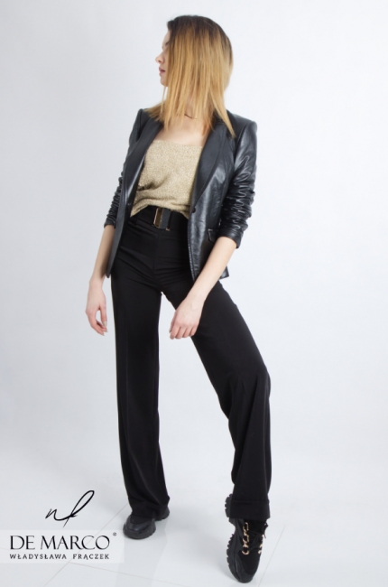 Modern female styling for the office. High black pants from the Polish designer Władysława Frączek