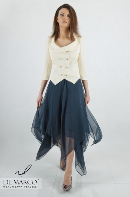 Luksusowa sukienka wizytowa asymetryczna w kolorze niebieskoturkusowym Sklep internetowy De Marco