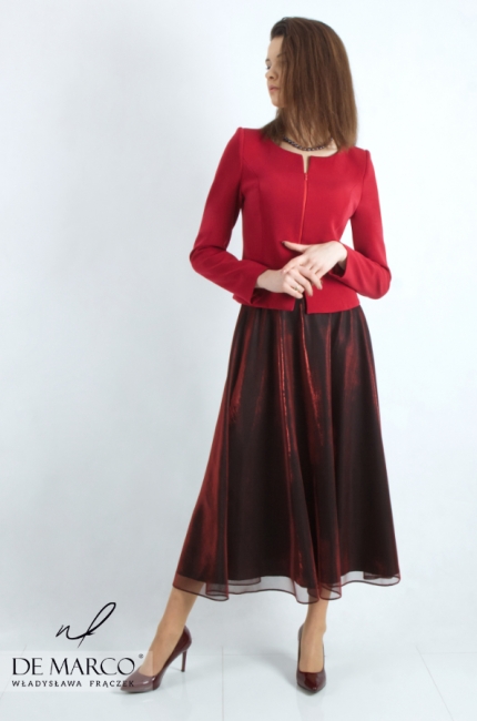 Elegant burgundy jacket set with a long skirt. Formal sets from the Polish designer Władysława Frączek. Made to measure De Marco