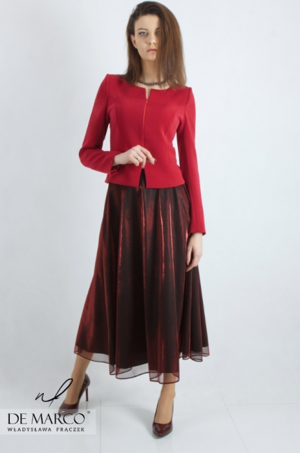 Elegant jacket and long formal skirt. Crimson women's formal sets. De Marco online store