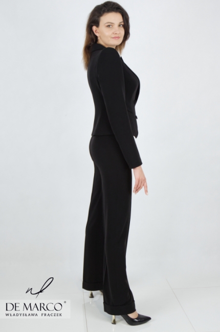 Klasyczny prosty gładki garnitur damski wizytowy w kolorze czarnym. Najmodniejsze zesstawy wizytowe ze spodniami od projektantki. Sklep internetowy De Marco