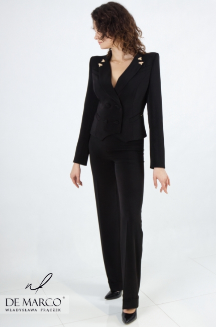 A black formal women's suit sewn in Poland. A formal set with trousers for the evening from the Polish designer Władysława Frączek