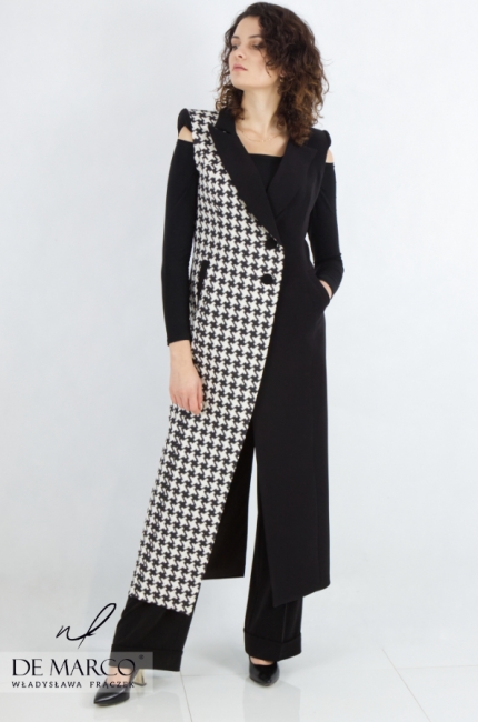 Long, sleeveless, houndstooth transitional coat. The most fashionable houndstooth vests 2022 2023